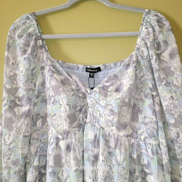 NWT Mittoshop Blue Gray Floral Princess Neckline Boho Midi Dress Size Large - Picture 8 of 15
